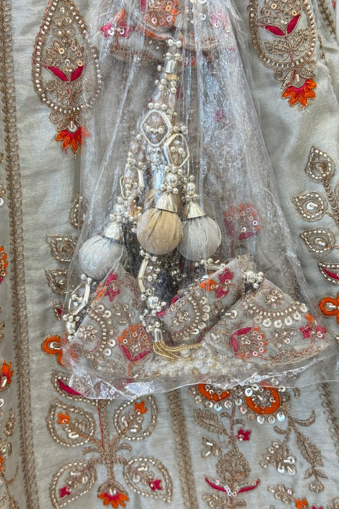 Light Grey Zari, Beads, Sequins and Multicolor Embroidery work Crop Top Designer Bridal Lehenga