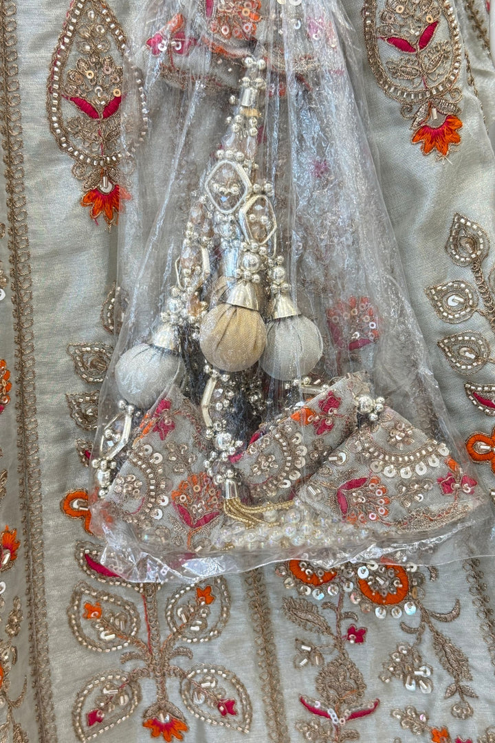 Light Grey Zari, Beads, Sequins and Multicolor Embroidery work Crop Top Designer Bridal Lehenga