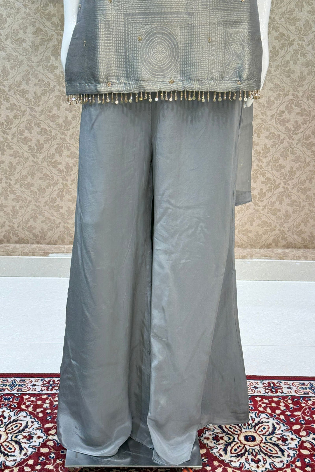 Grey Zardozi, Stone, Sequins, Beads and Thread work Palazzo Salwar Suit