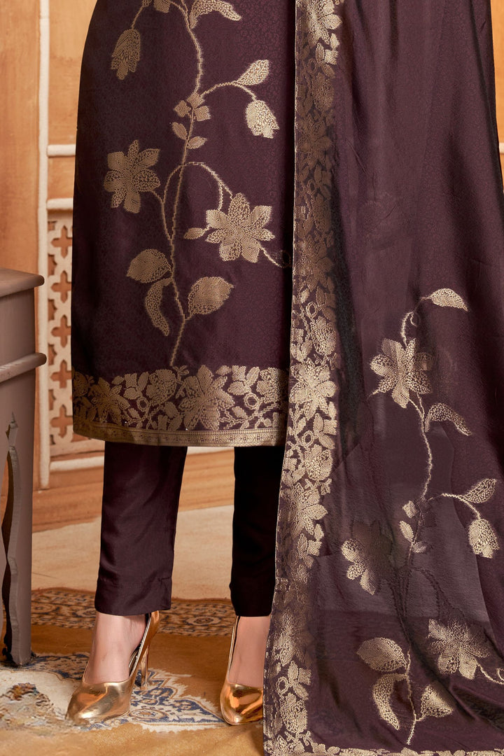 Brown Banaras, Stone, Zardozi, Sequins, Beads and Zari work Straight Cut Salwar Suit