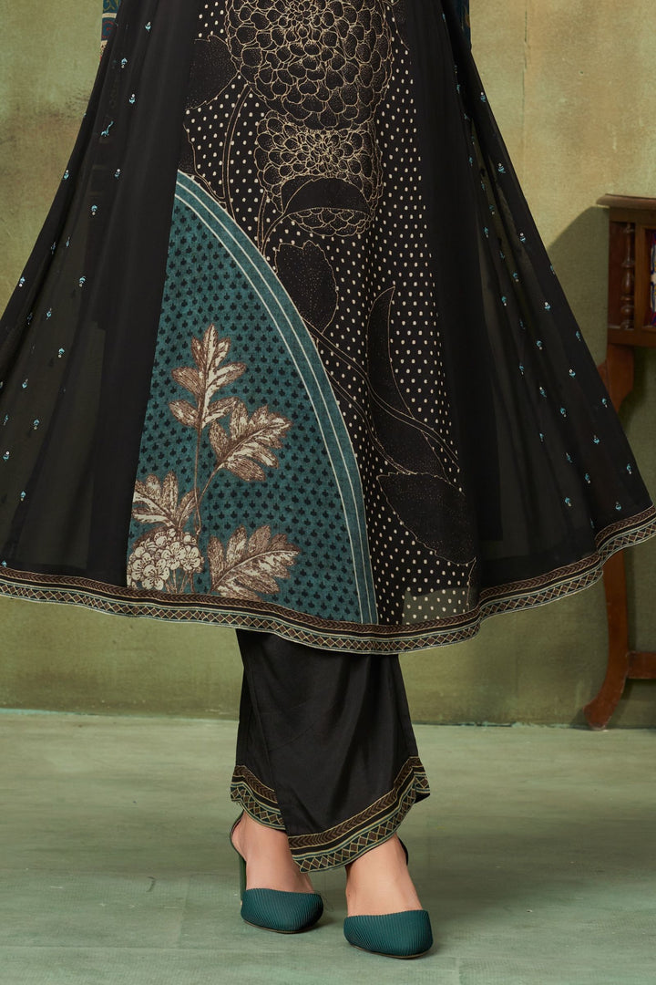 Black Sequins and Thread work with Digital Print Straight Cut Salwar Suit