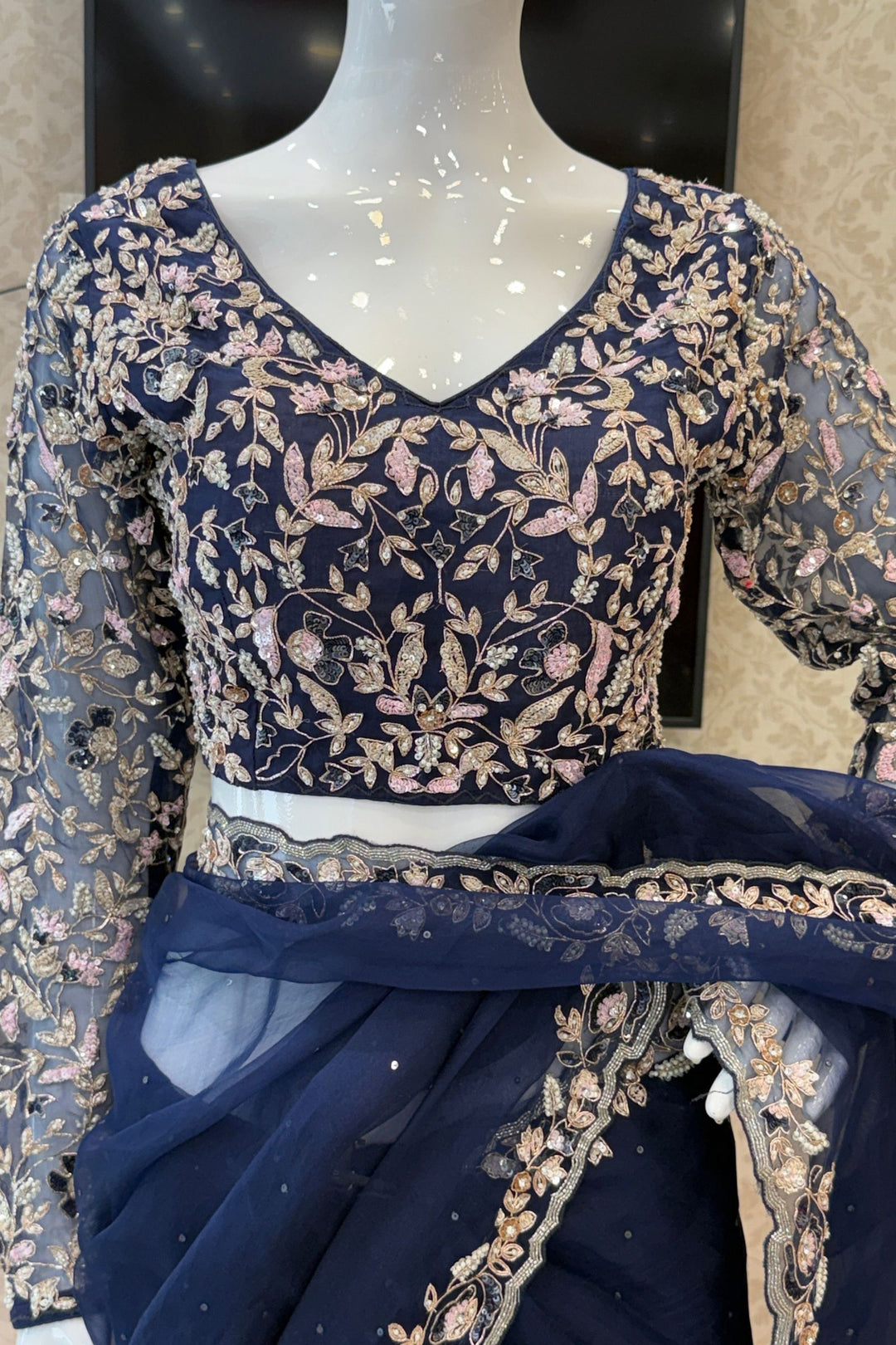Navy Blue Sequins, Beads, Stone and Pearl work Organza Saree with Designer V-Neck Blouse