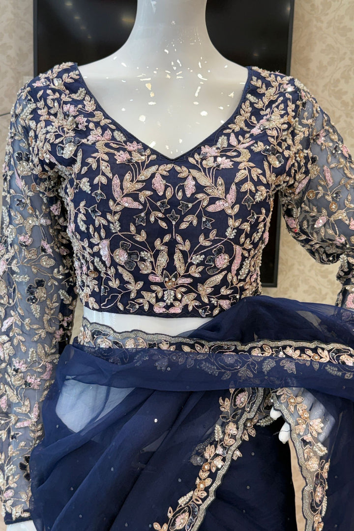 Navy Blue Sequins, Beads, Stone and Pearl work Organza Saree with Designer V-Neck Blouse