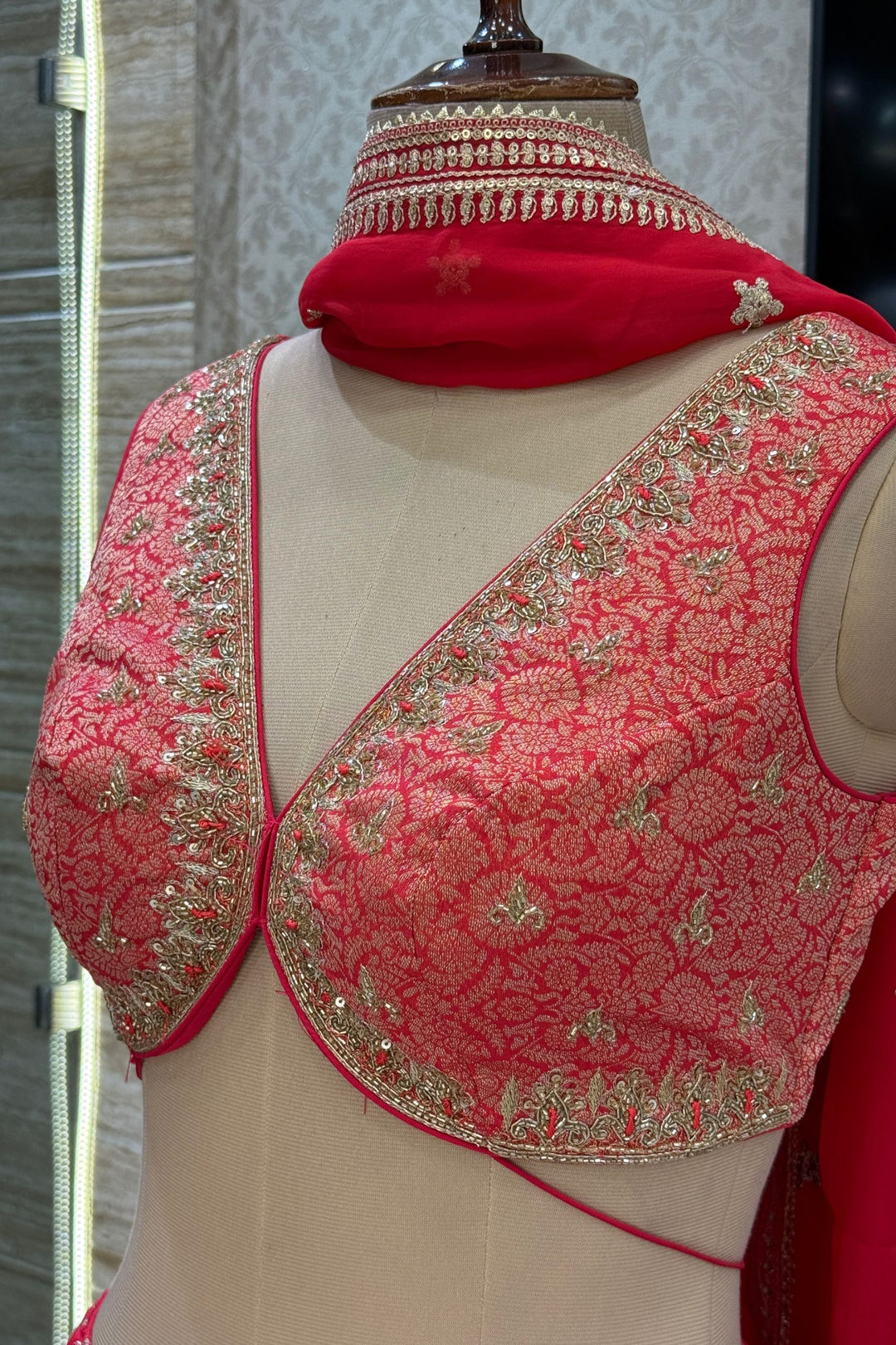 Red Brocade, Beads, Zari, Zardozi and Sequins work Crop Top Lehenga