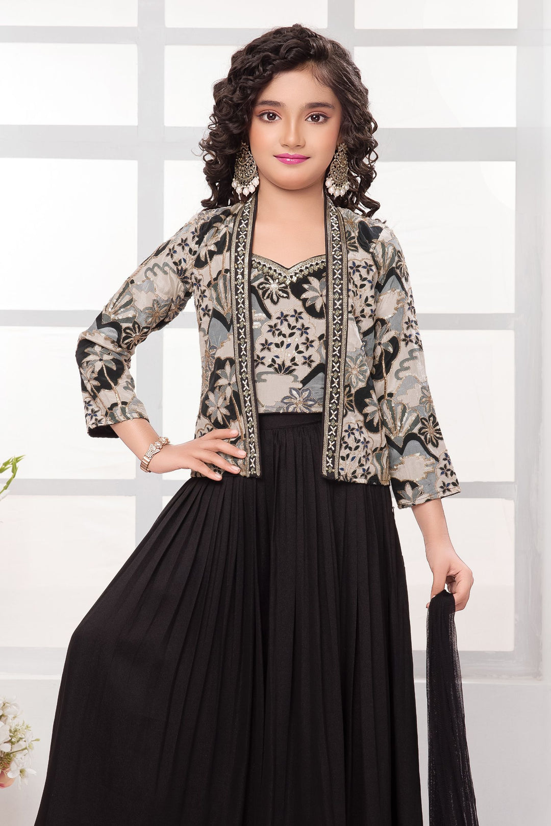 Black Multicolor Digital Print, Beads and Zari work Overcoat Styled Palazzo Set for Girls