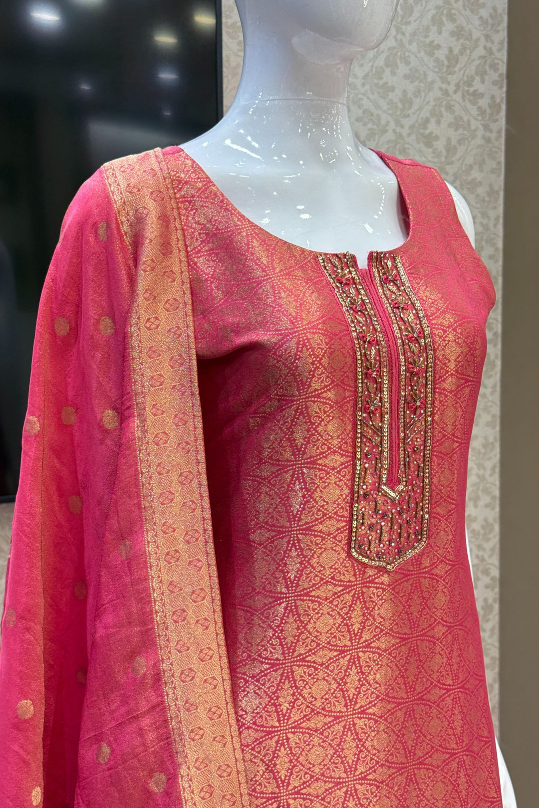 Pink Zardozi, Stone, Beads, Sequins and Brocade work Straight Cut Salwar Suit