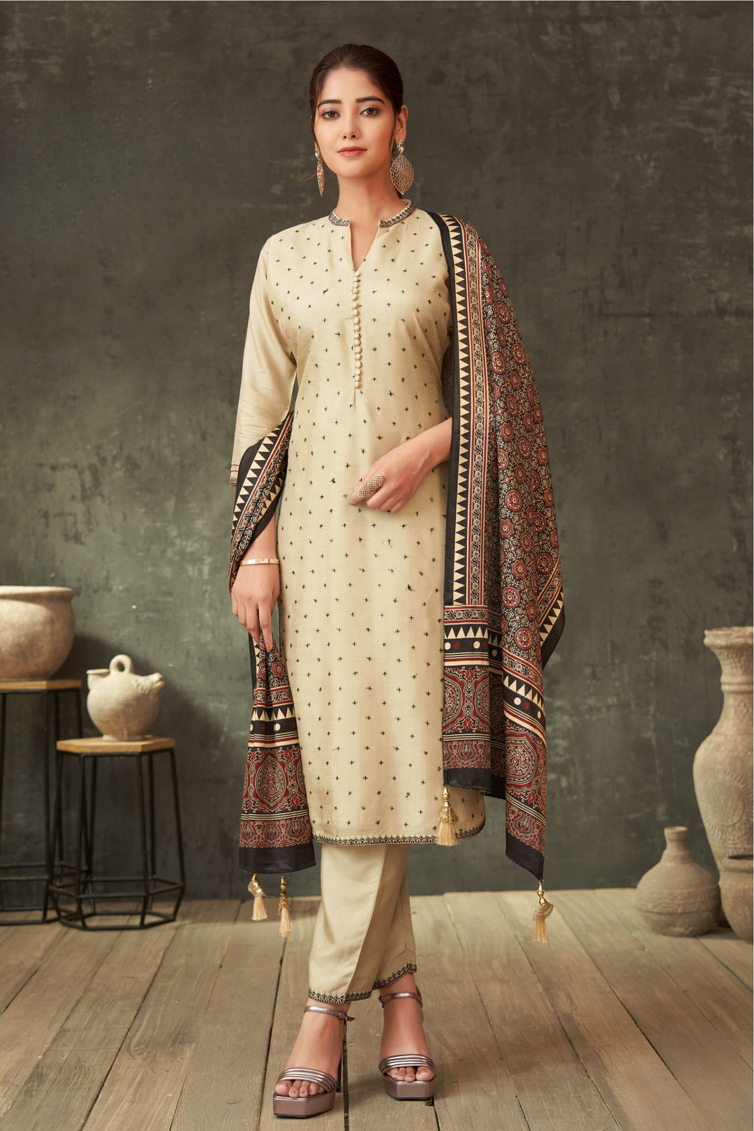 Beige Sequins and Thread work Straight Cut Salwar Suit with Kalamkari Print Dupatta