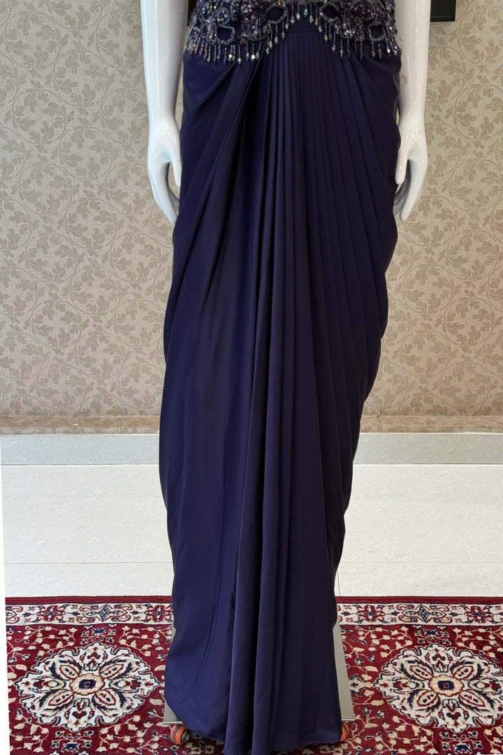Purple Indo-Western Styled Beads and Sequins work Top and Cowl Skirt