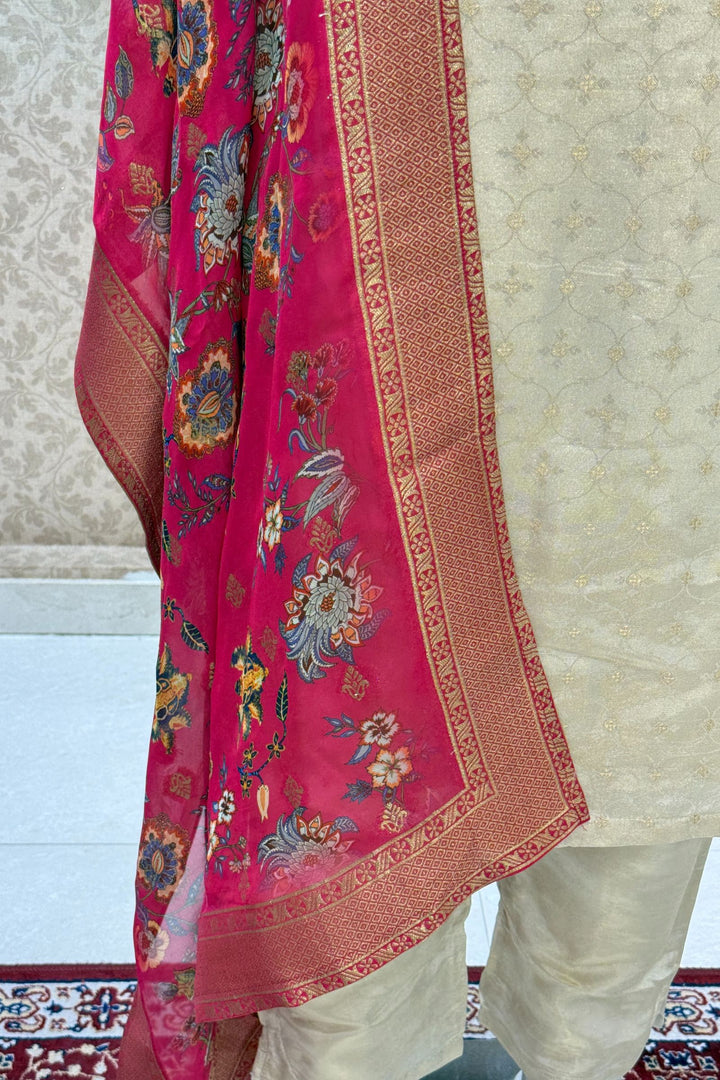 Cream Stone, Zardozi, Beads and Banaras work Straight Cut Salwar Suit