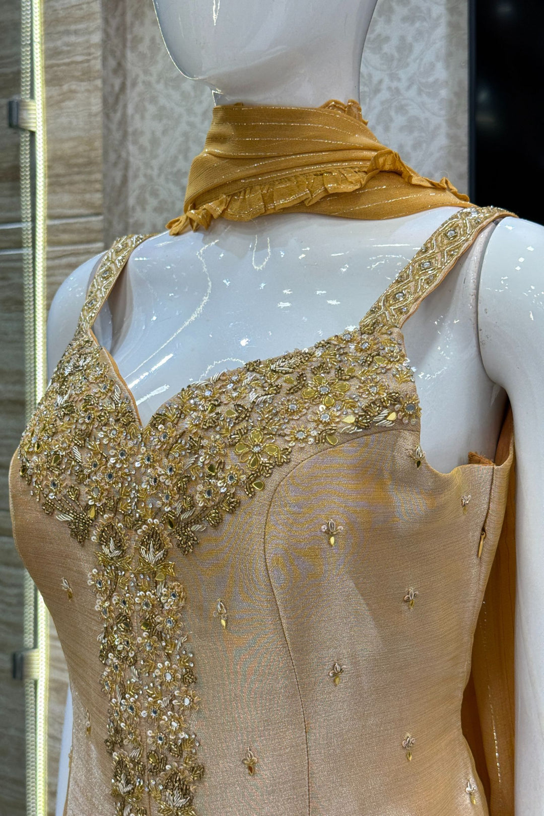 Mustard Beads, Zardozi, Stone and Mirror work Palazzo Salwar Suit