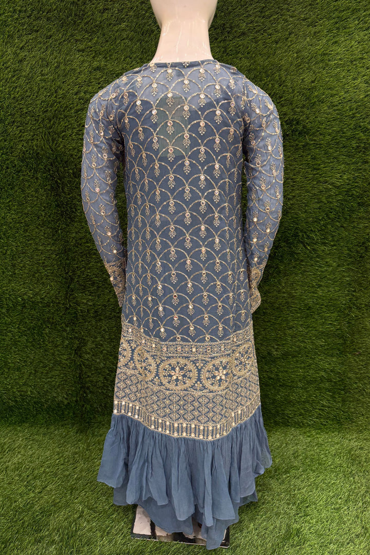 Grey Sequins, Mirror, Zari and Stone work Overcoat Styled Palazzo Set For Girls