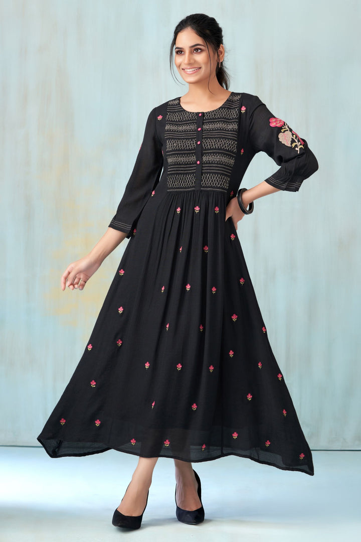 Black Multicolor Thread work Anarkali Styled Long Kurti