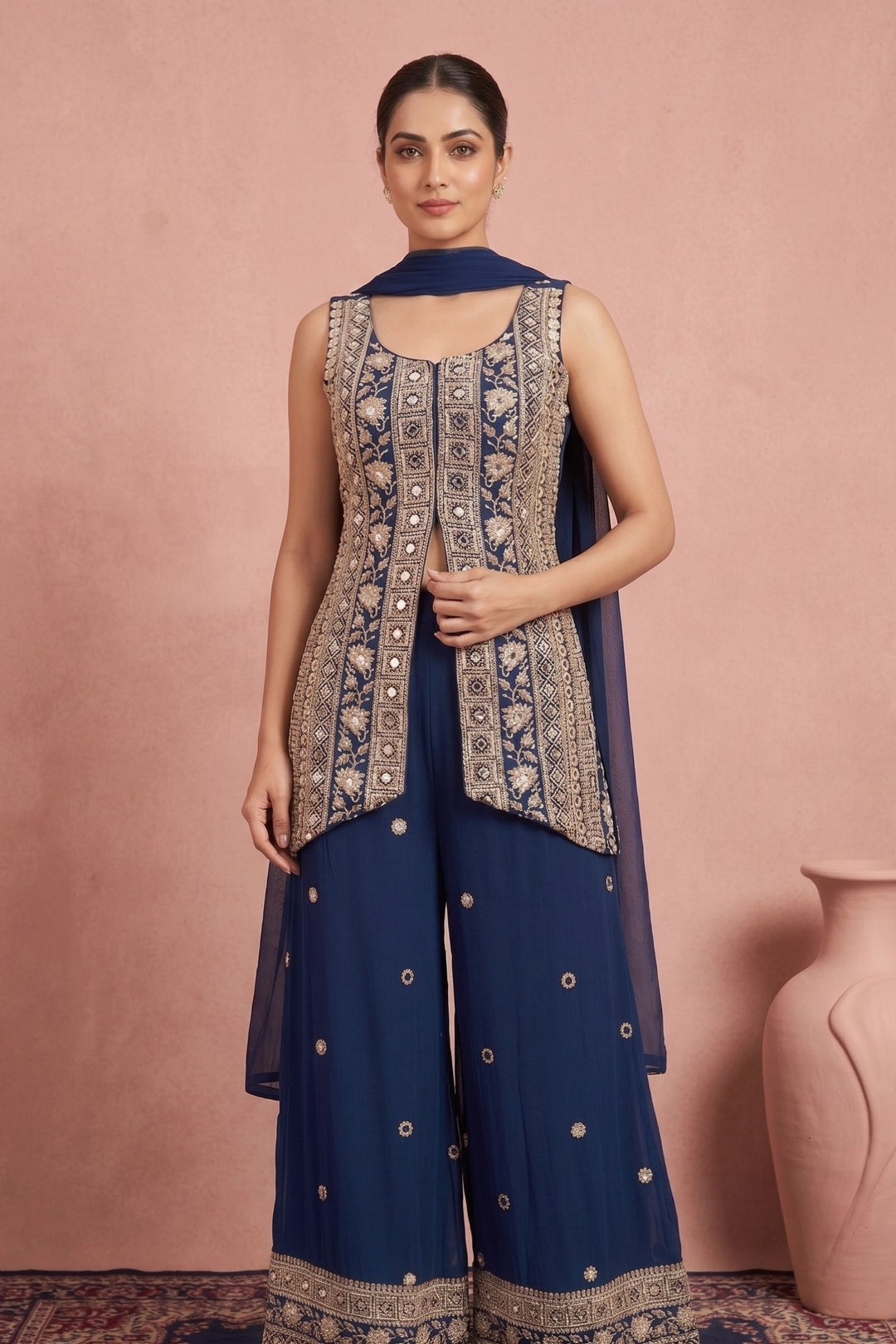 Teal Blue Mirror, Beads, Sequins and Zari work Palazzo Salwar Suit