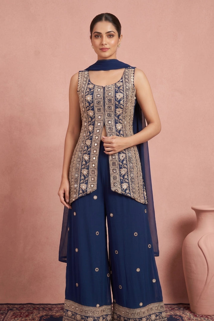 Teal Blue Mirror, Beads, Sequins and Zari work Palazzo Salwar Suit