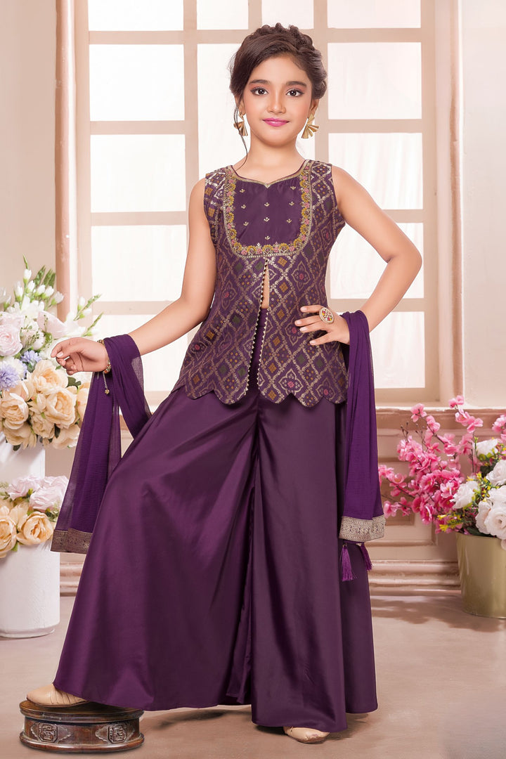 Purple Banaras Zari, Mirror and Beads work Palazzo Suit Set for Girls