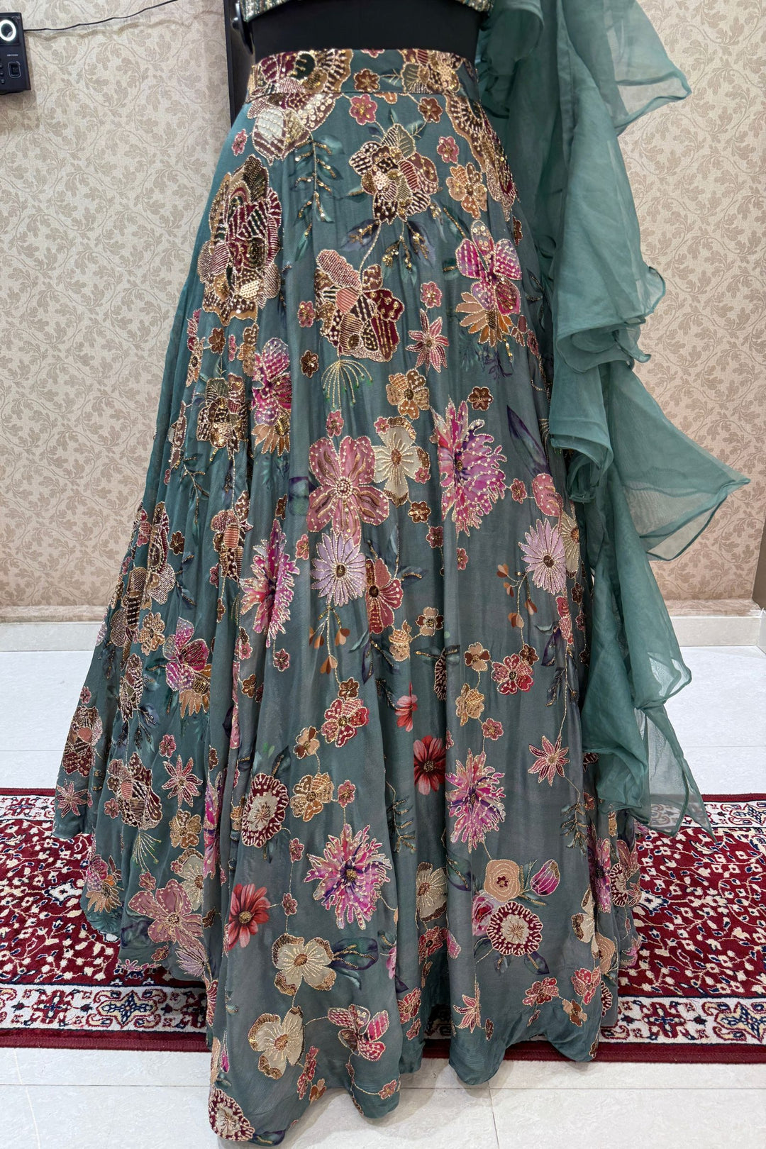 Pastel Green Beads, Zardozi, Sequins, Stone and Zari work with Floral Print Lehenga Set