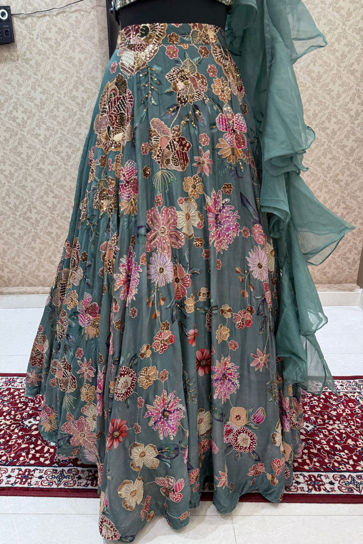 Pastel Green Beads, Zardozi, Sequins, Stone and Zari work with Floral Print Lehenga Set