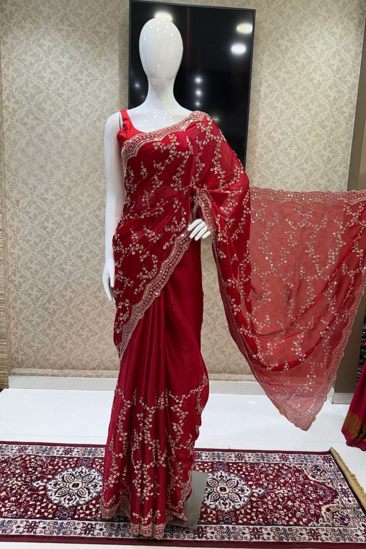 Red Saree with Intricate Zari, Sequin and Beads work