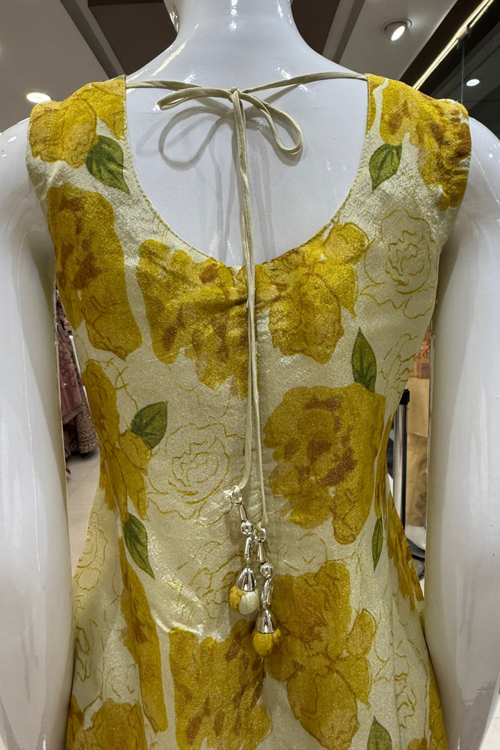 Beige with Yellow Floral Print with Zardozi and Mirror work Straight Cut Salwar Suit