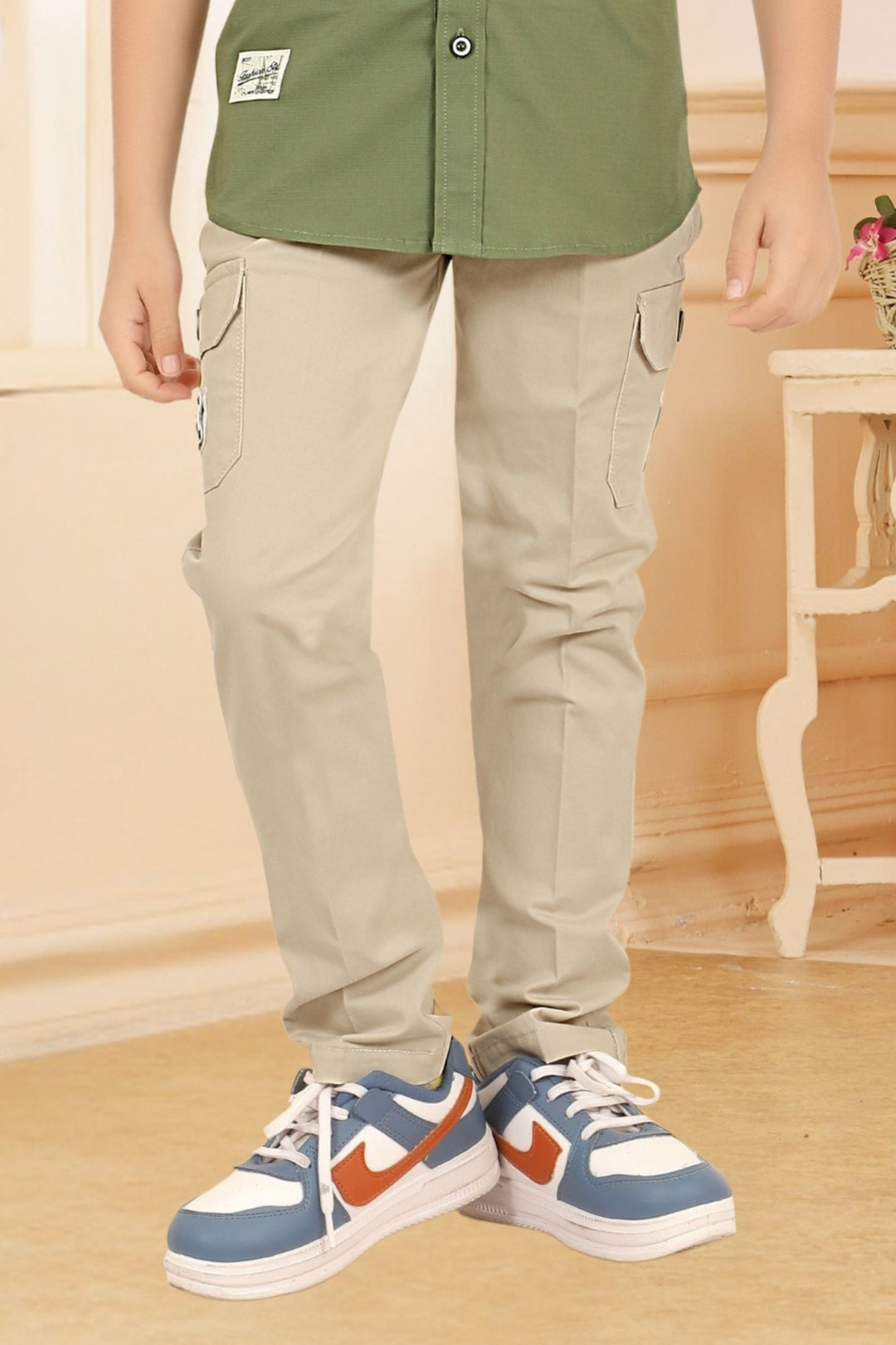 Pista Green Printed Shirt and Beige Pant Set for Boys