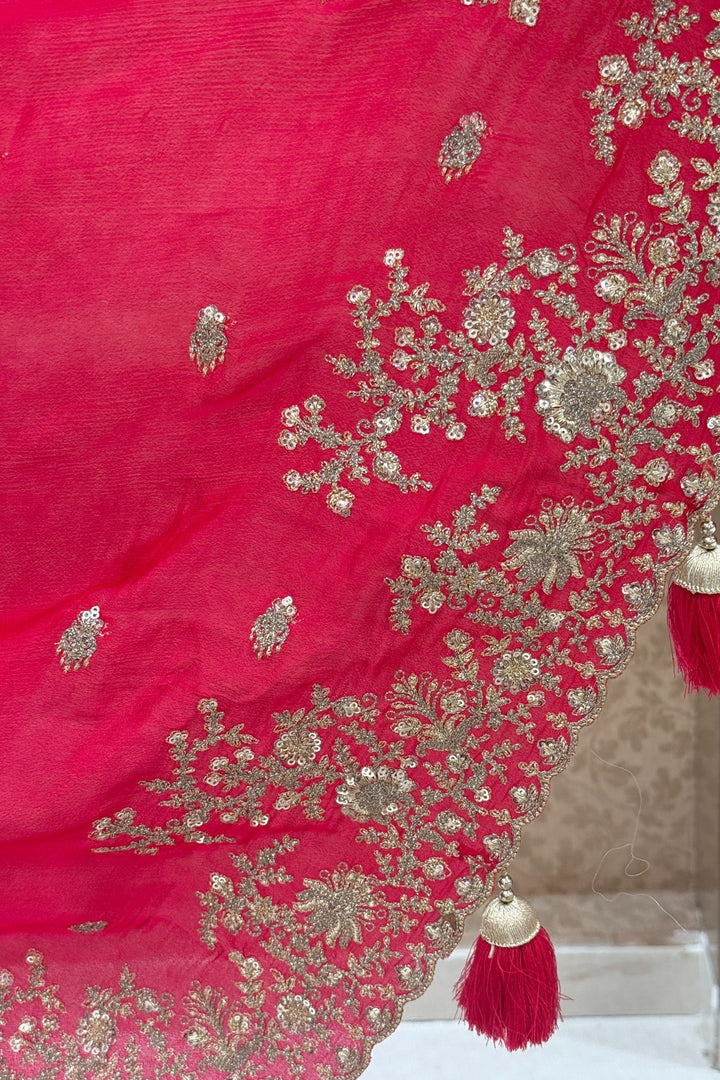 Rani Pink Zari and Sequins work Saree