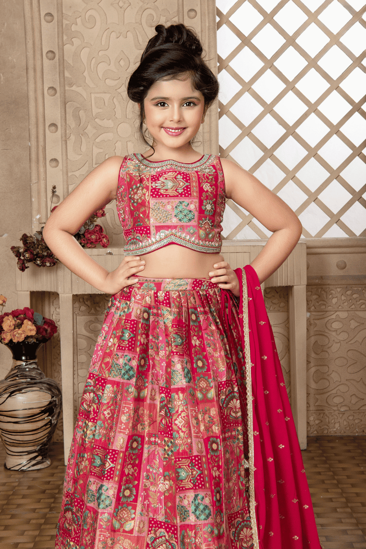 Pink Banaras, Pearl, Kundan, Beads and Sequins work with Printed Lehenga Choli for Girls - Seasons Chennai