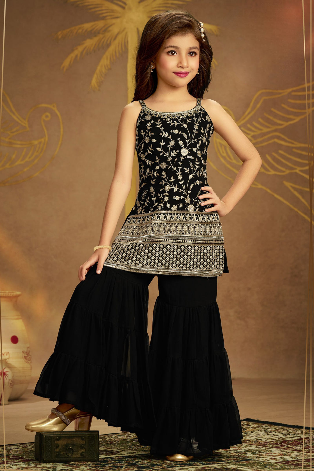 Black Sequins, Zari, Mirror, Stone and Beads work Sharara Suit Set for Girls