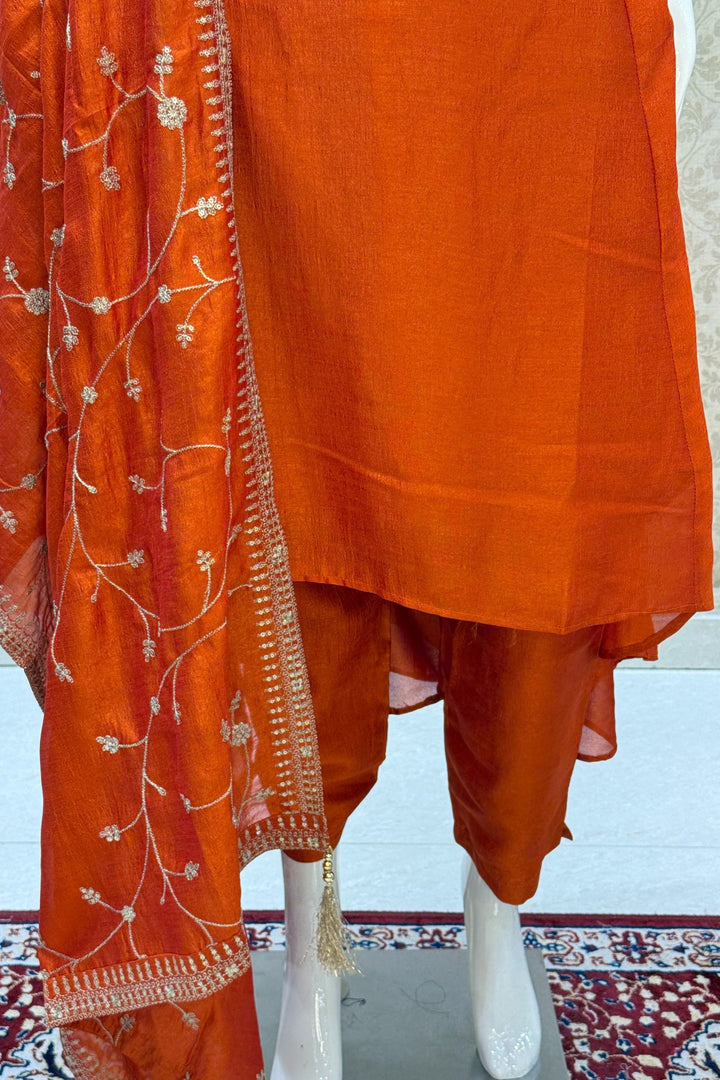 Orange Beads, Pearl, Zardozi, Stone, Zari and Sequins work Aline Cut Salwar Suit