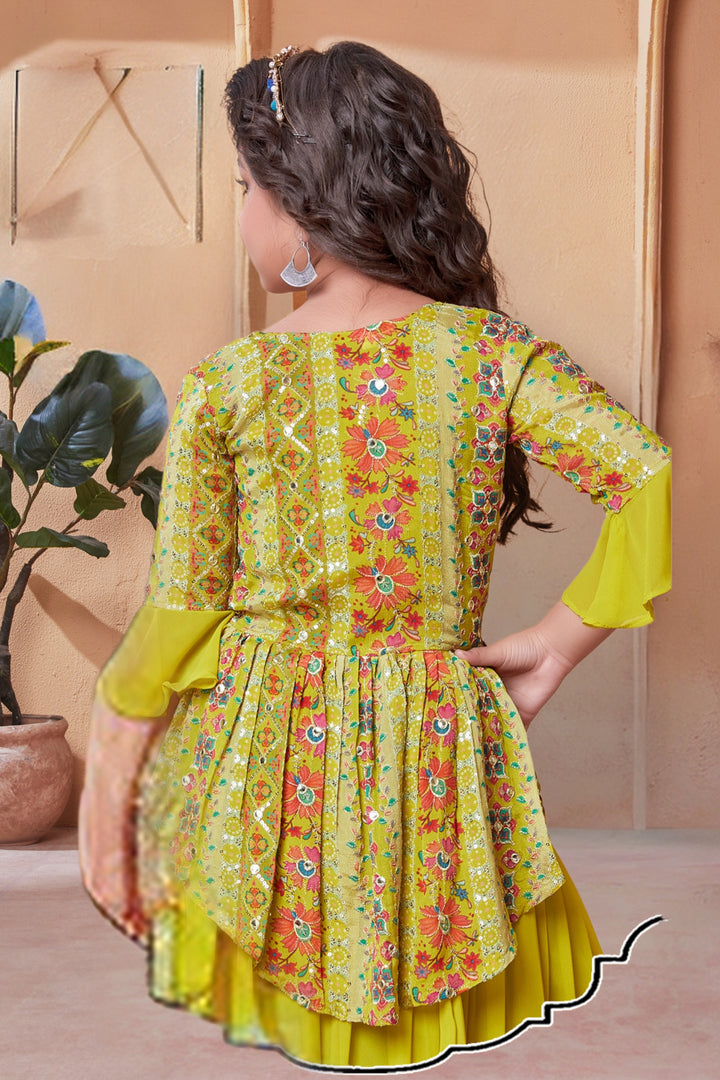 Lemon Green Sequins and Zari work with Digital Print Overcoat Styled Palazzo Set For Girls