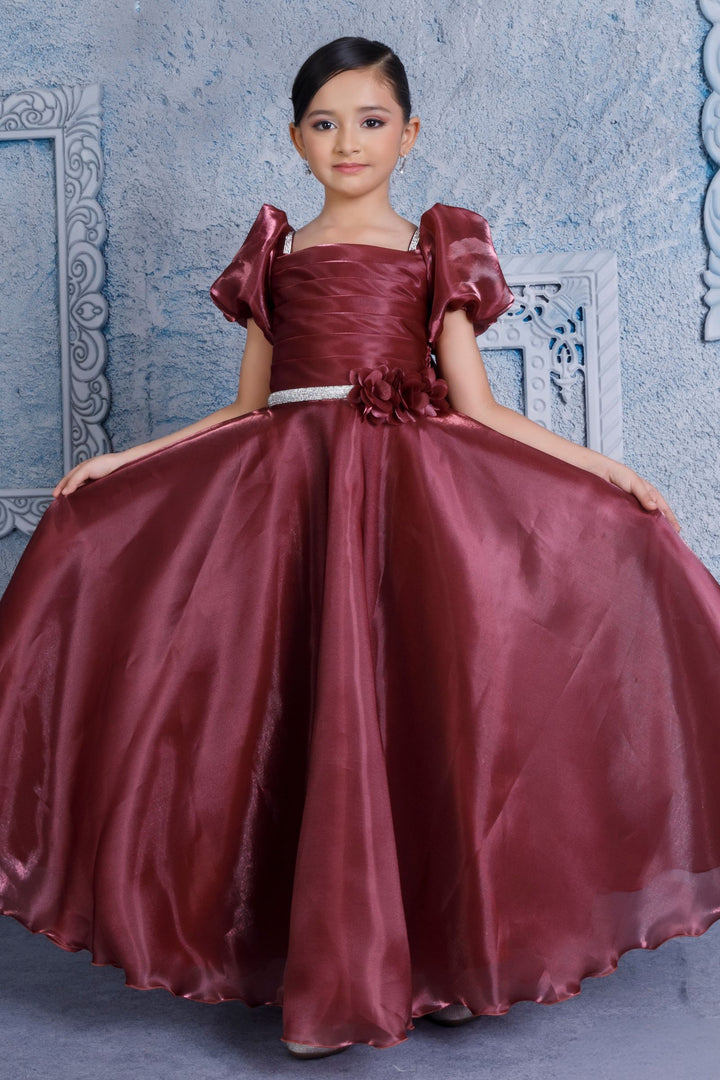 Maroon Stone work Long Party Gown for Girls