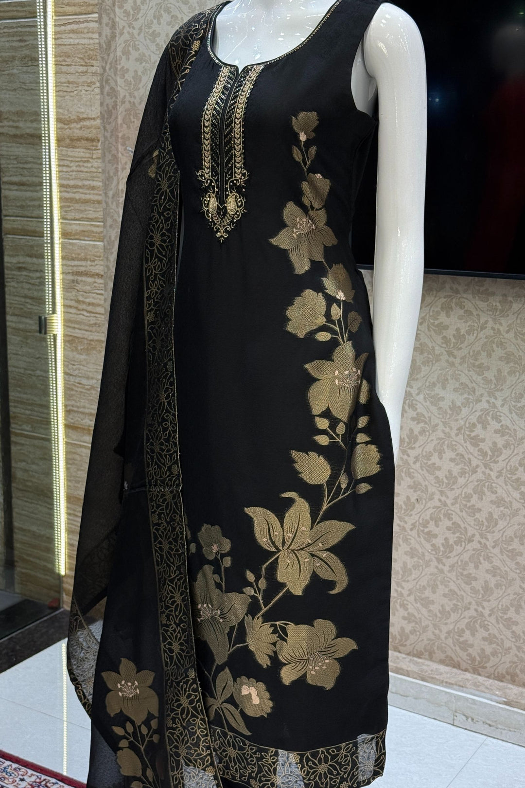 Black Jacquard, Zari, Sequins, Beads and Zardozi work Straight Cut Salwar Suit