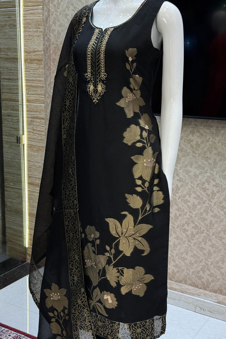 Black Jacquard, Zari, Sequins, Beads and Zardozi work Straight Cut Salwar Suit