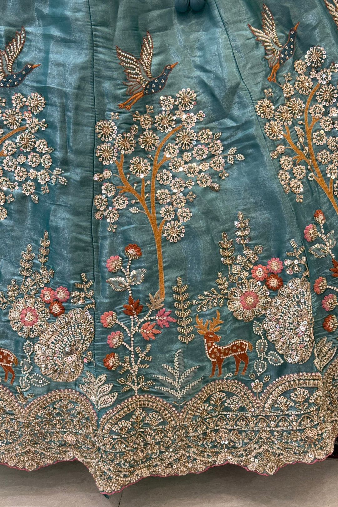 Bridal Organza Lehenga with Hand-Embroidered Birds and Floral Forest Motifs