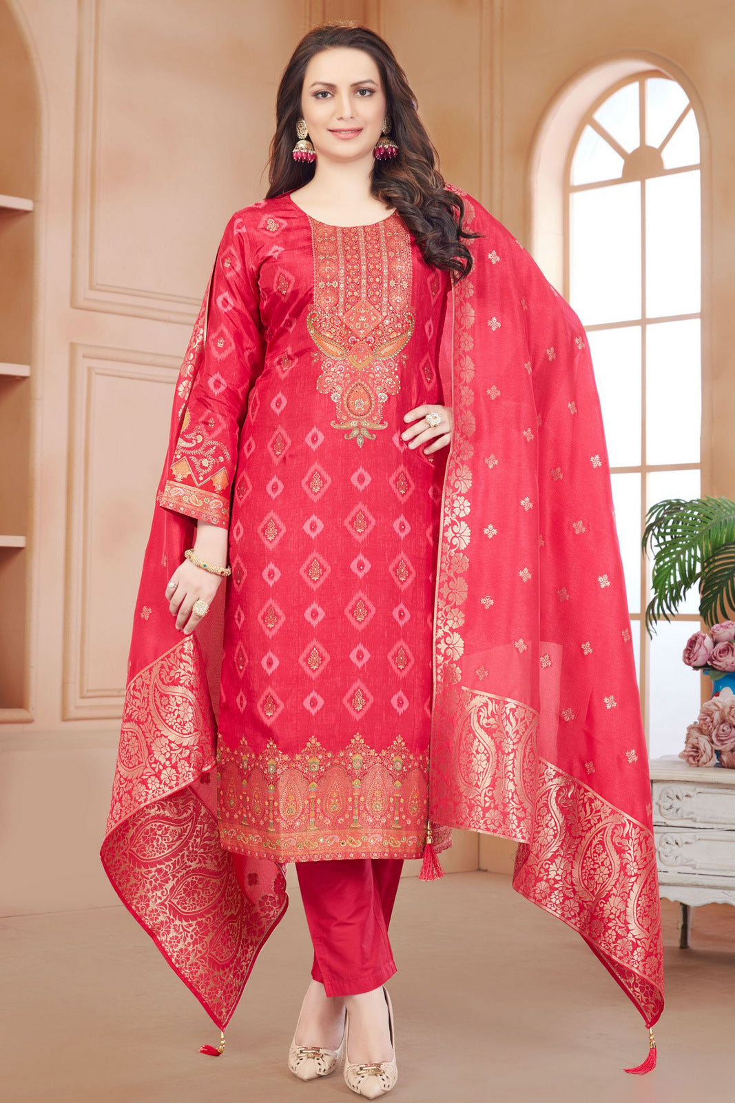 Peach Embroidered Readymade Pant Style Salwar Suit 3898SL07