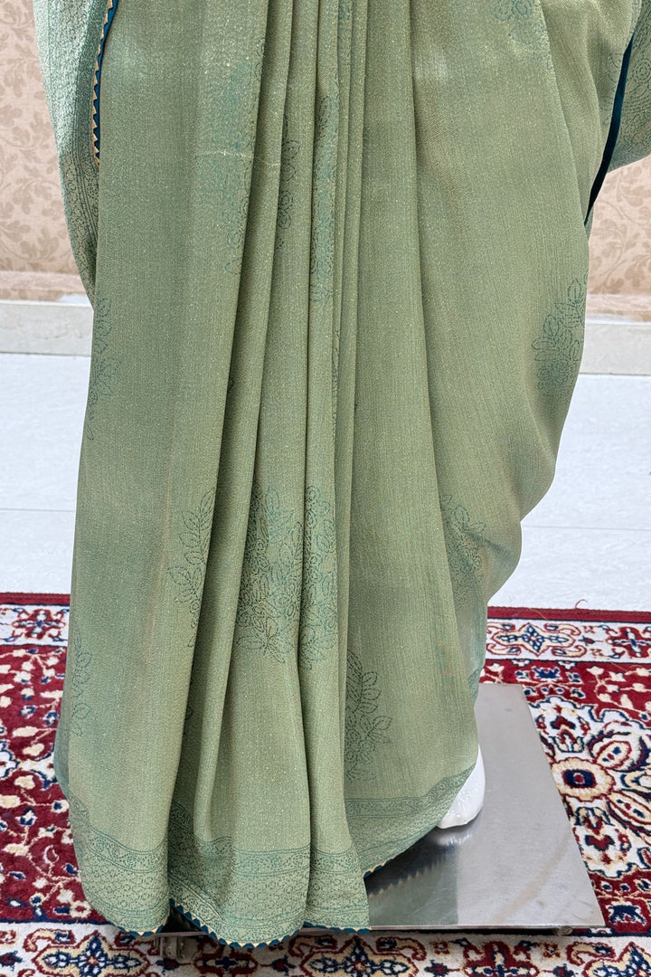 Sea Green Saree with Peacock Blue Beads, Zari and Sequins work with Pochampally Print Blouse