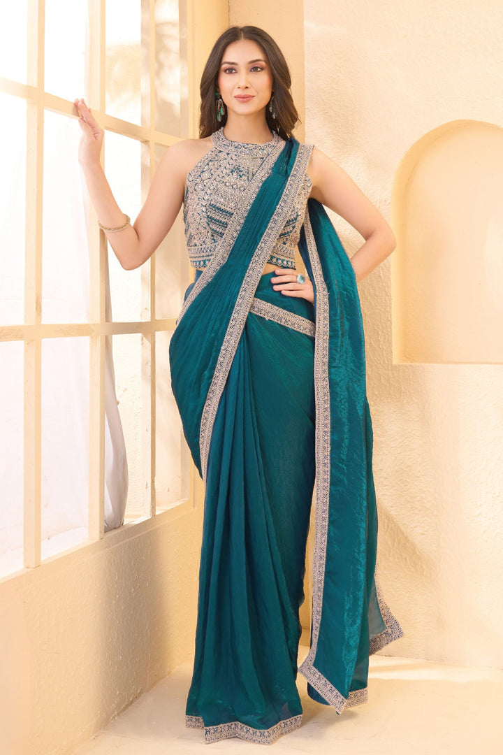 Rama Blue Readymade Saree with Pearl, Zari, Mirror and Stone work Readymade Blouse