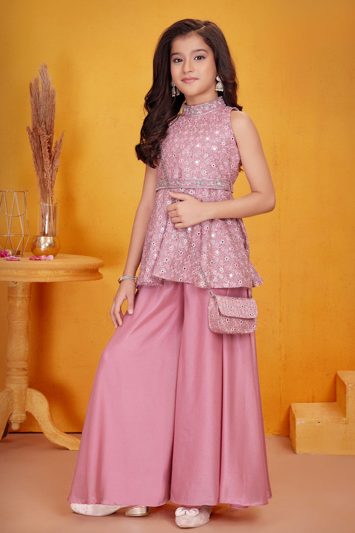 Baby Pink Embroidery, Sequins, Zari and Beads work Peplum Top and Palazzo Set For Girls
