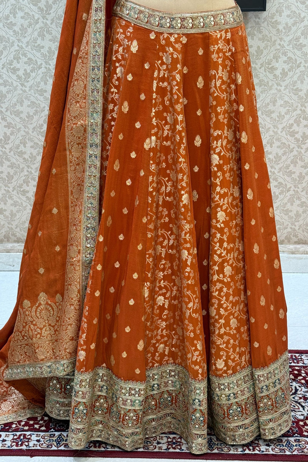 Orange Zari, Sequins, Beads and Multicolor Thread work Crop Top Lehenga