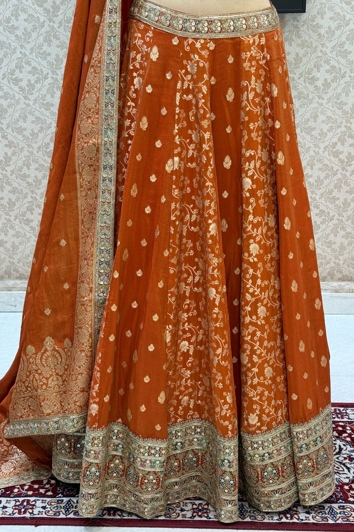 Orange Zari, Sequins, Beads and Multicolor Thread work Crop Top Lehenga