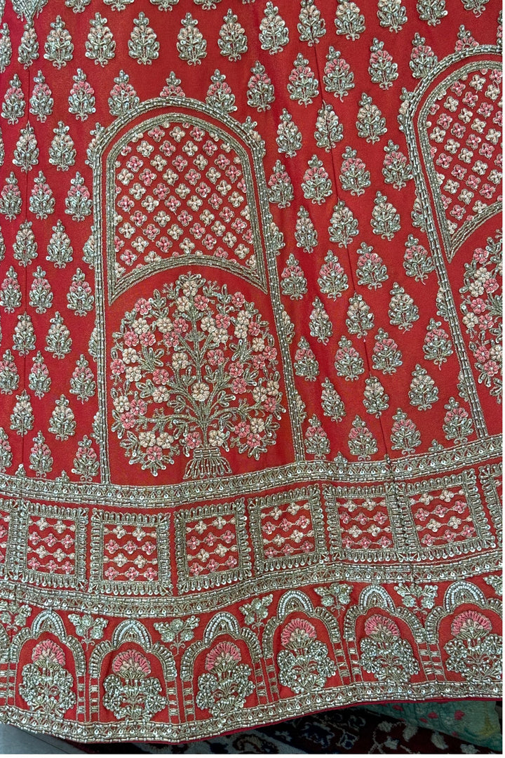 Tomato Red Beads, Zardozi, Sequins and Zari work Crop Top Designer Bridal Lehenga