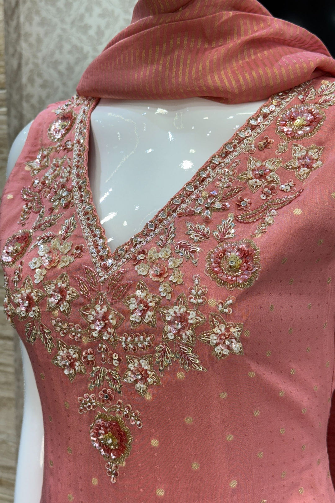 Peach Banaras Zari, Beads, Sequins, Mirror, Stone and Zardozi work Palazzo Salwar Suit
