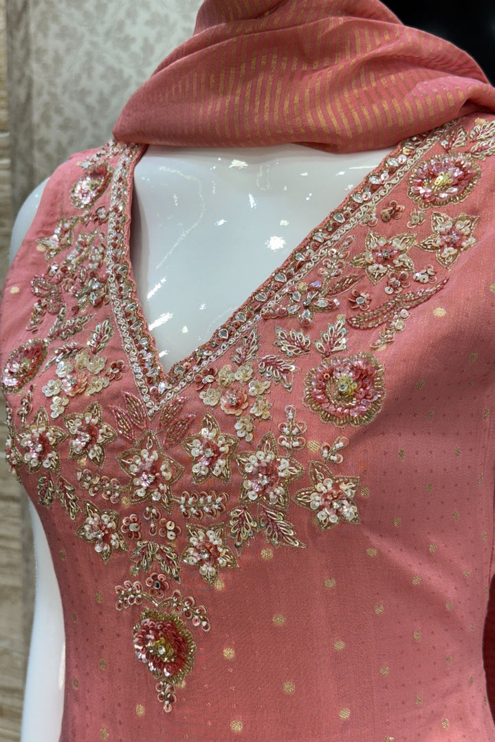 Peach Banaras Zari, Beads, Sequins, Mirror, Stone and Zardozi work Palazzo Salwar Suit