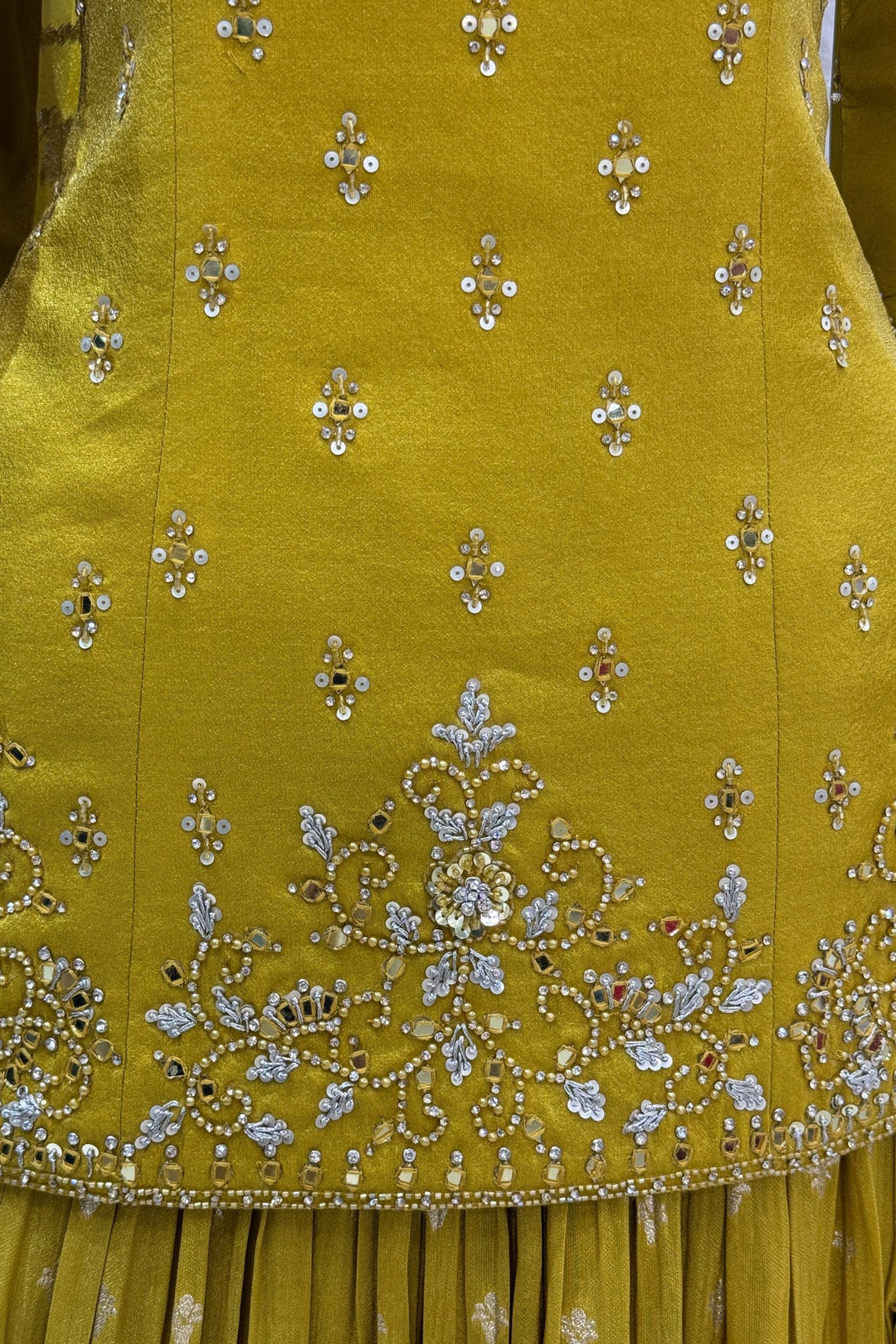 Yellow Mirror, Stone, Sequins, Zari, Beads and Banaras work Top with Lehenga
