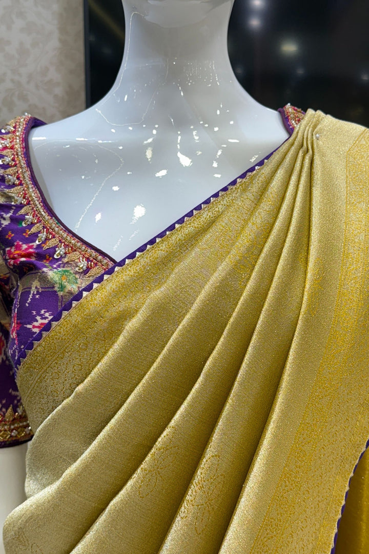 Mustard Saree with Purple Beads, Zari and Sequins work with Pochampally Print Blouse