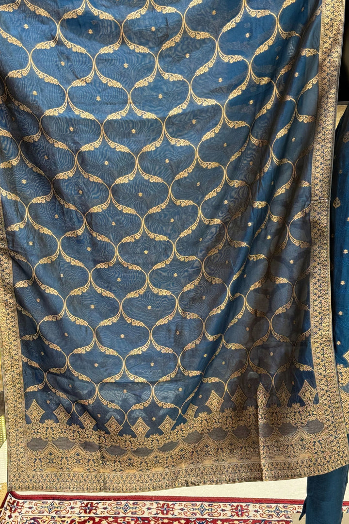 Teal Blue Zardozi, Sequins, Mirror, Stone, Brocade and Banaras work Straight Cut Salwar Suit