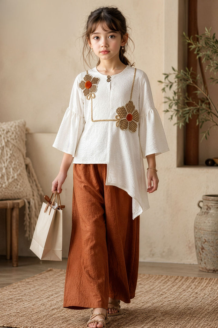Cream with Rust Orange Top and Embroidery work Palazzo Set for Girls