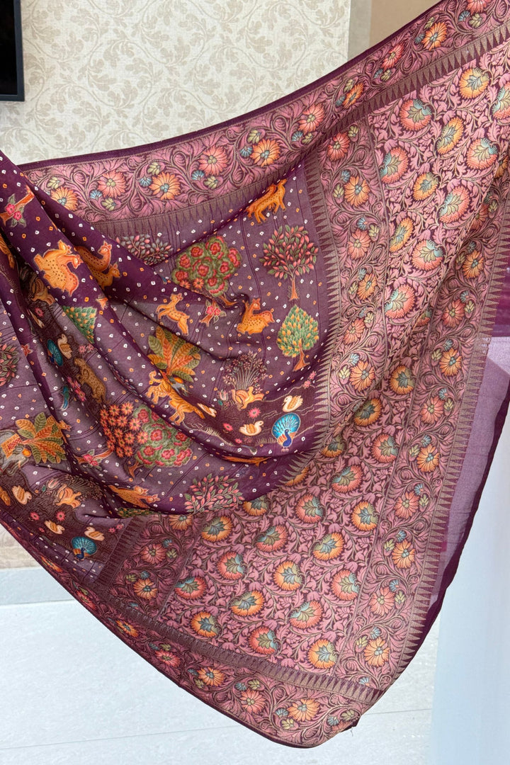 Wine Banaras and Traditional Woven Animal Motifs work with Bandhani Print Saree