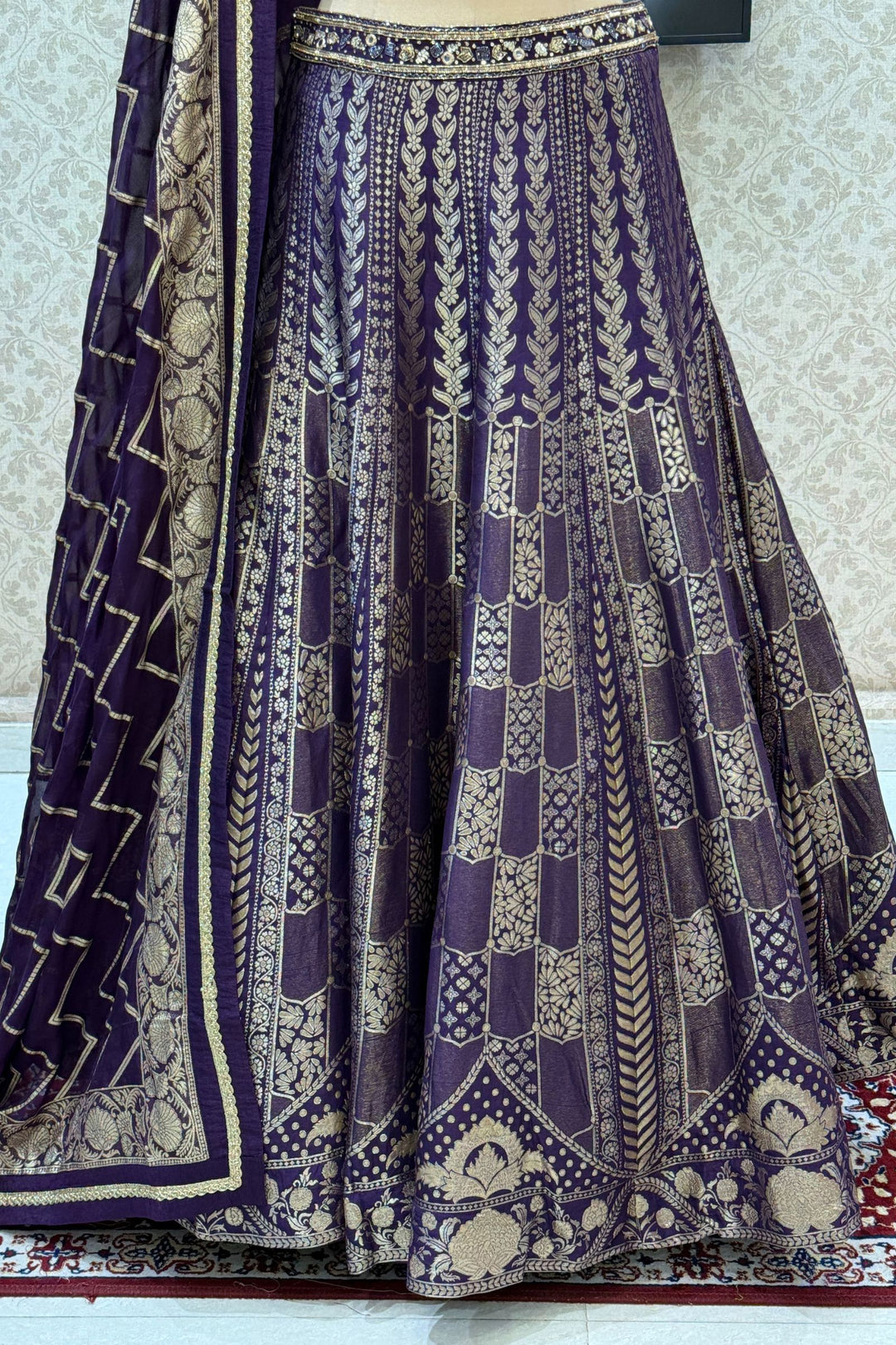 Purple Mirror, Beads, Zari, Banaras and Sequins work Crop Top Lehenga