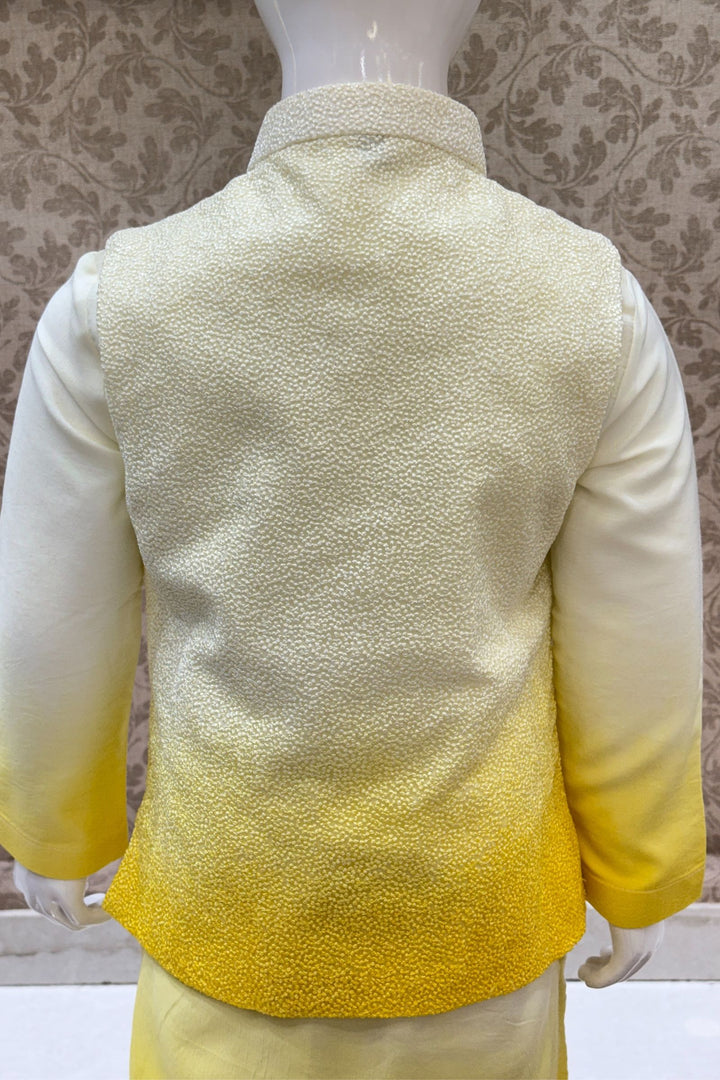 Lemon Yellow Shaded Thread and Sequins work Waist Coat Kurta Set for Boys