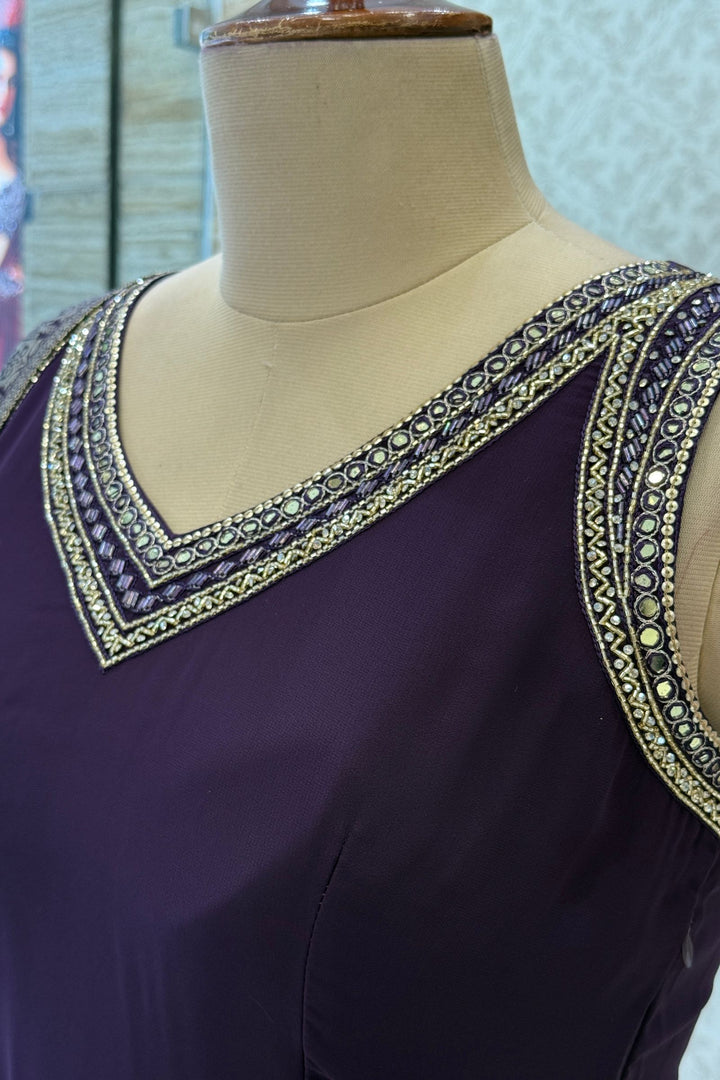 Wine Beads and Sequins work Anarkali Gown with Traditional Banaras work Dupatta
